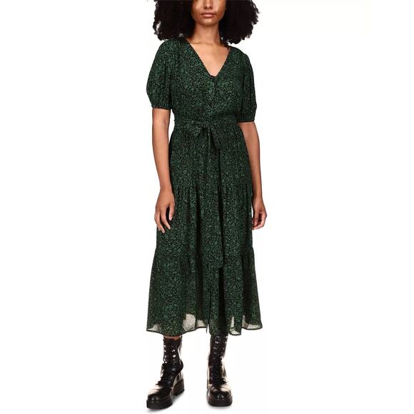 Michael Kors Women Dark Green Floral Belted Boho Midi Dress Petite Size P/XS - Picture 1 of 4